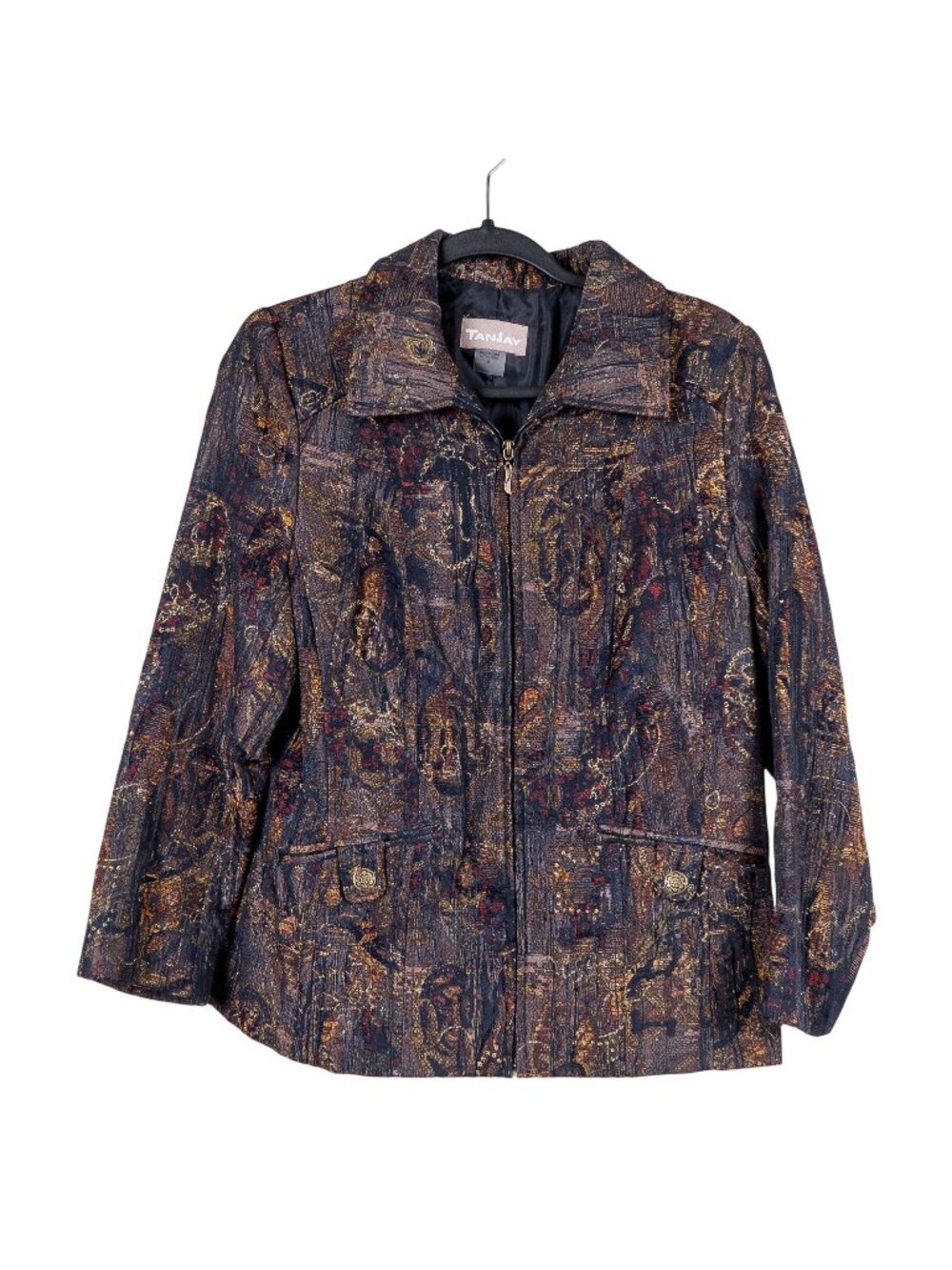 Art to Wear VTG Jacket 8 Womens Brown Full Zip Metallic Brown Yellow Abstract